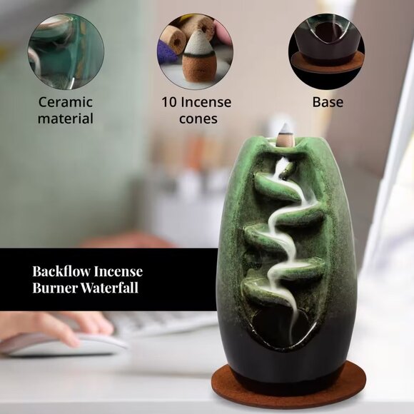 Final Price New Cascading Ceramic Incense Burner with 10 Assorted Cones -Jade - - Picture 4 of 7